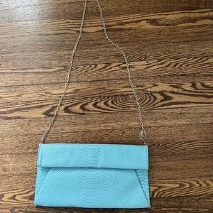 Blue Textured Clutch Bag with Chain Strap